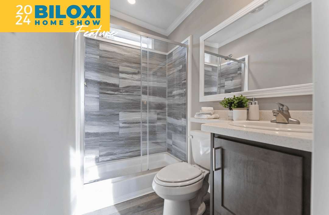 Wedge tiny home bathroom home features